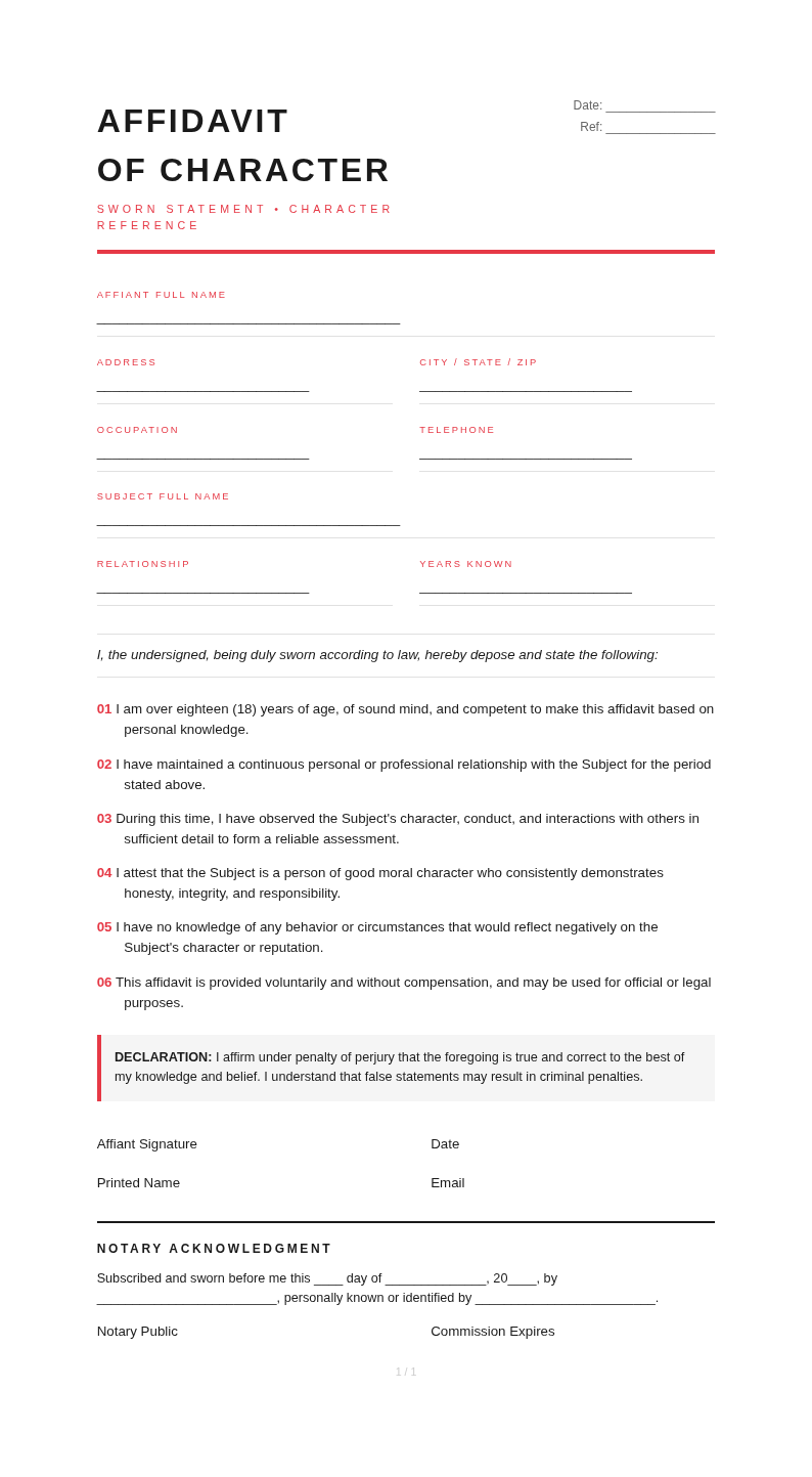 Swiss International Affidavit of Character